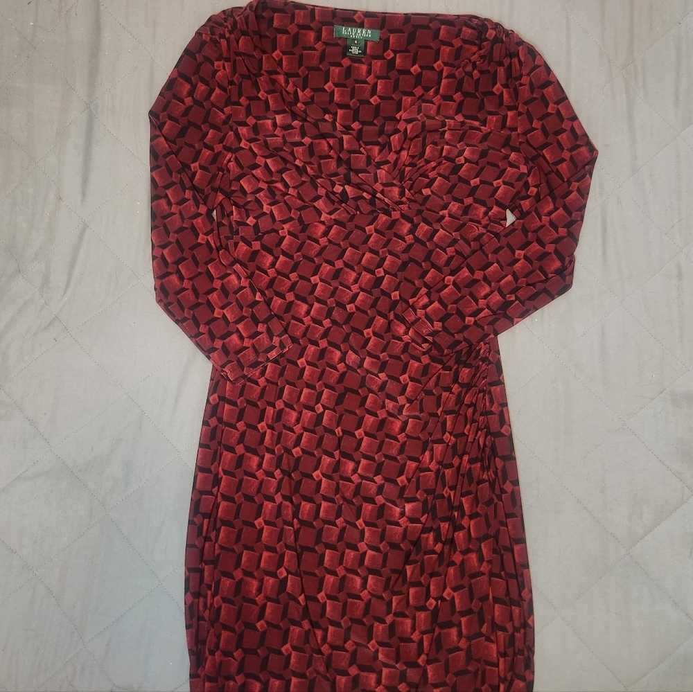 Lauren Ralph Lauren Women Size 4 Sheath Midi Dress Ruched 3/4 Blk Red ‎ Bodycon